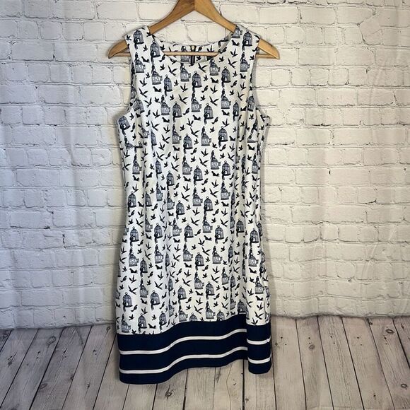 Julian Taylor Bird Cage Sheath Dress Size 12 Blue White LOOK - Picture 1 of 7